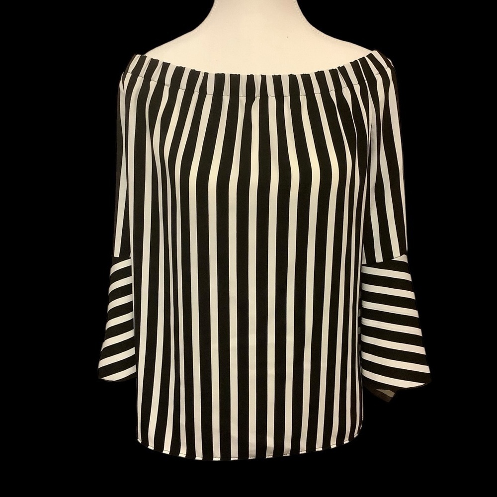 MELANIE LYNE STRIPED 3/4 LENGTH BELL SLEEVE/ OFF THE SHOULDER BLOUSE/ Size 14